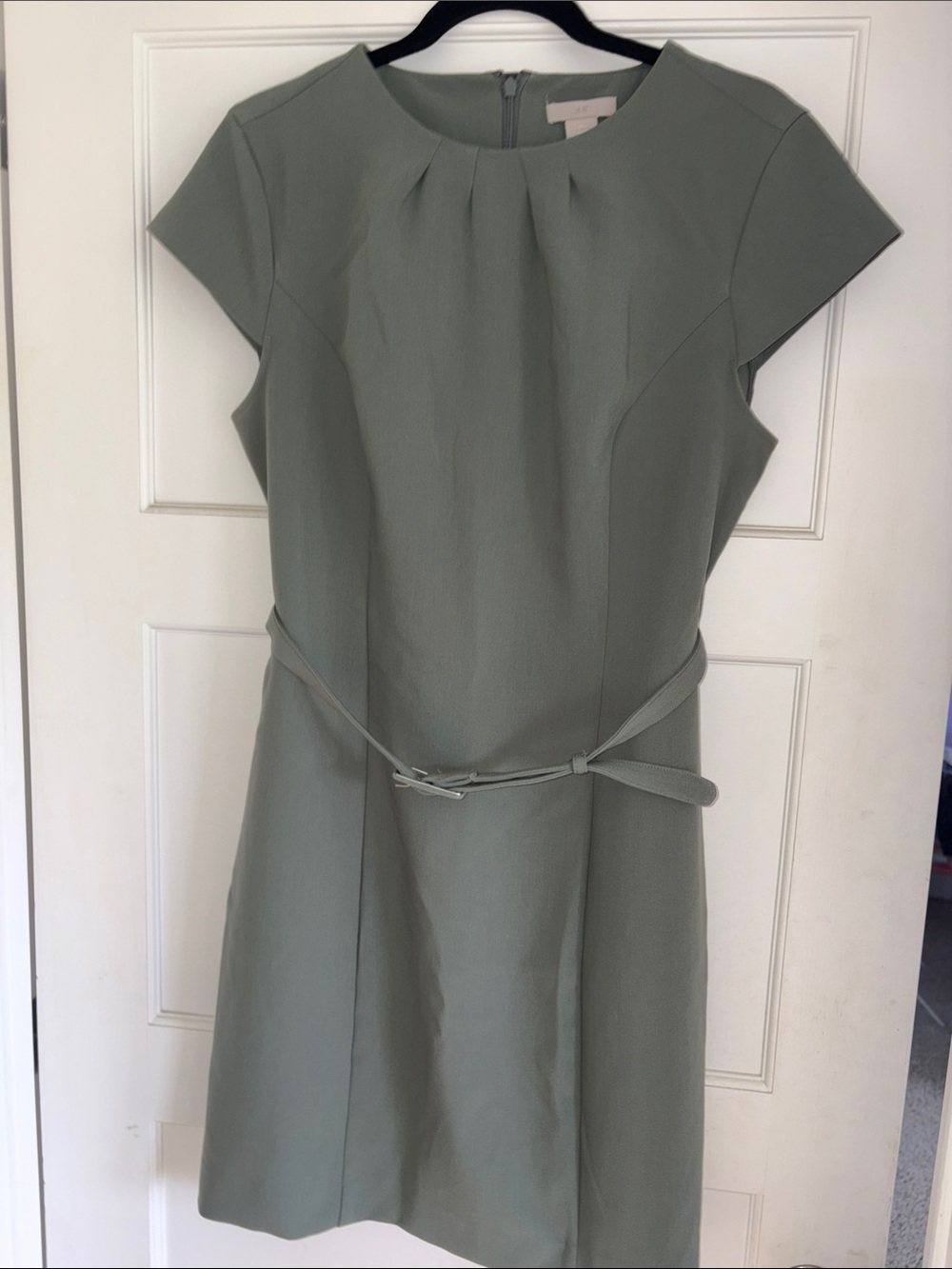 H&M Light Sage Cap-Sleeve Belted Sheath Dress